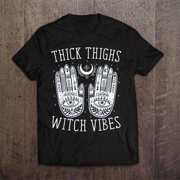 Thick Thighs Witch Vibes Halloween Unisex Tee, Unisex Graphics T-Shirt - Picture 1 of 4